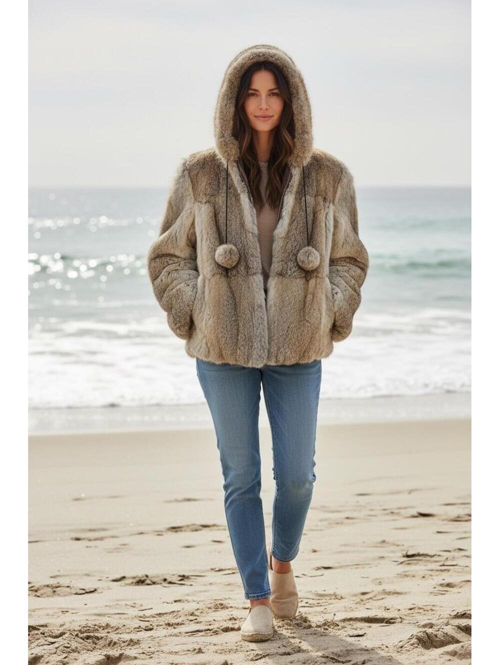 Vintage Dino Ricco Rabbit Fur Coat Hooded Pom Pom Trim Made In Hong Kong Size S